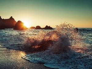Sunrise, rocks, sea, Waves