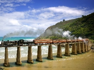 bridge, Train, sea