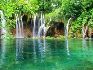 turquoise, viewes, lake, waterfall, water, trees