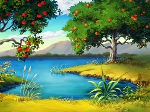viewes, trees, lake, fruit, Mountains