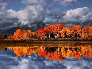 reflection, viewes, trees, Mountains, lake, clouds, color