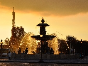west, Eiffla, fountain, Paris, sun, tower