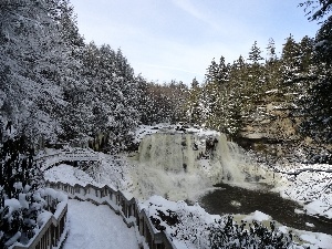 winter, River, forest, waterfall