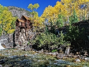 wooden, viewes, rocks, River, Home, trees