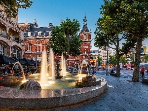 Amsterdam, Town, fountain, Netherlands, buildings