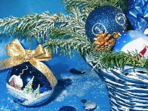 basket, baubles, decoration, branch, Christmas