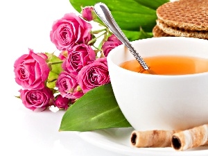 breakfast, roses, tea, Cookies