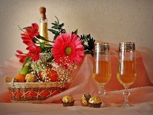 Candies, Flowers, Champagne, glasses
