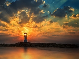 sun, clouds, sea, Lighthouse, rays, maritime, Island
