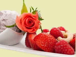 composition, rose, ice cream, Fruits