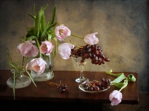 composition, Grapes, Pink, Tulips
