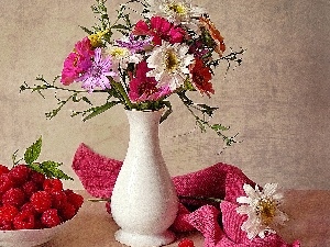 flowers, bouquet, White, raspberries, pottery