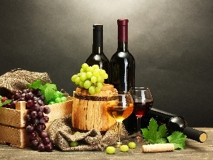 Grapes, Wine, barrel, Bottles