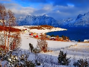 Houses, Red, winter, Norway, Mountains