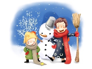 Kids, Snowman, winter, snow