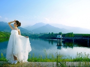 lake, dress, Women, Mountains, White