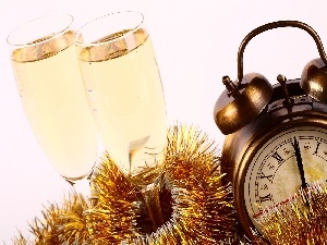 New, Champagne, Clock, year, glasses