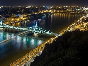 Night, Town, River, bridge