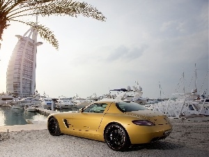SLS, Yellow, Palm, Mercedes, Dubaj, Hotel hall, sea, Burj Al Arab