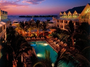 Palms, sea, Hotel hall, night, Pool