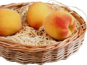 hay, peaches, basket