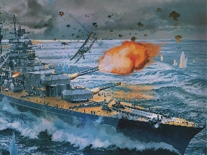 sea, Planes, Ship, Big Fire, Military truck