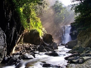 rays, waterfall, rocks, sun, River
