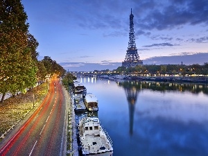 vessels, Way, trees, tower, viewes, France, Paris, Eiffla, River