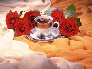 tea, roses, cup