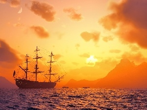 sailing vessel, sea, west, sun