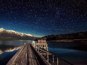 star, Night, lake, Platform, Mountains