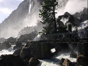 stream, rapid, Mountains, bridge, rocks