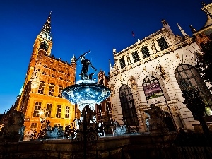 Gdansk, The Long Market, fragment, fountain, night, Neptune
