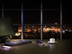 Town, laptop, interior, Night, desk