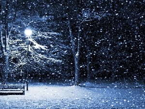 trees, winter, Bench, viewes, snow