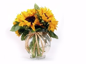 Vase, clear, bouquet, sunflowers