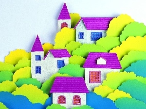 viewes, trees, Town, Cutouts, Houses