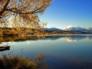 viewes, trees, River, Platform, Mountains
