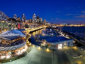 wharf, Marina, Yachts, Seattle, Restaurant, night