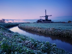 White frost, Windmill, field, River
