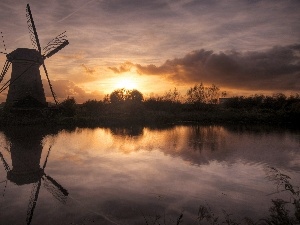 Windmill, lake, west, sun